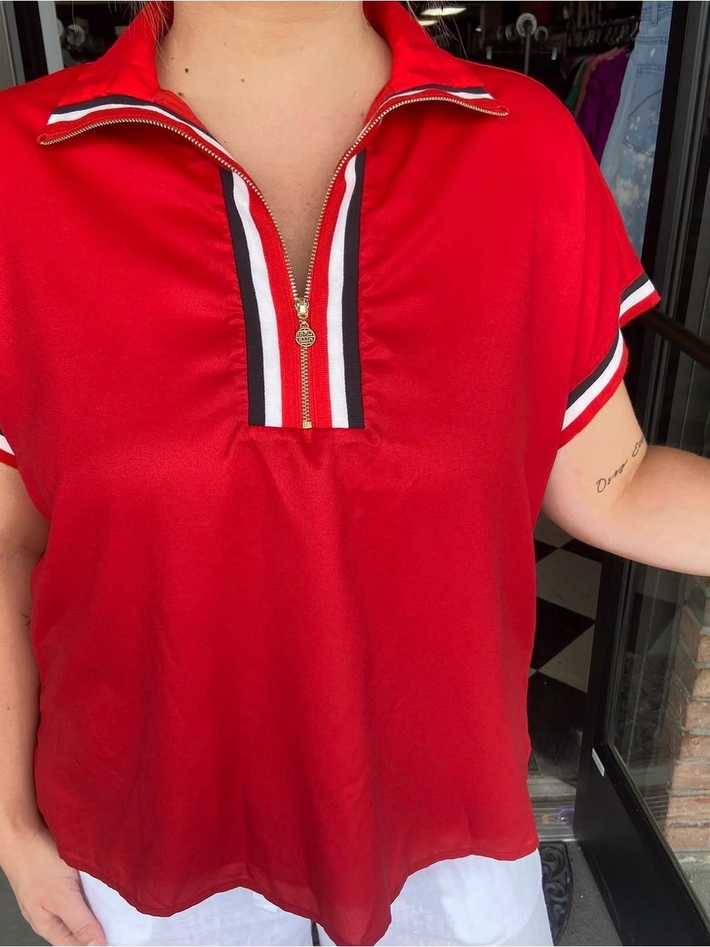 Red Zip-Front Tunic Top with Stripe Trim